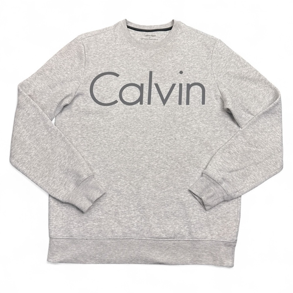 Calvin‎ Klein CK Fleece Sweatshirt Mens Size Small Light Gray Big Logo Pullover